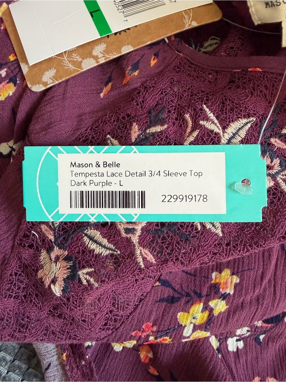 Mason & Belle Women’s Floral Lace Yoke Blouse - Purple Large NWT PTP 22” - Picture 7 of 9